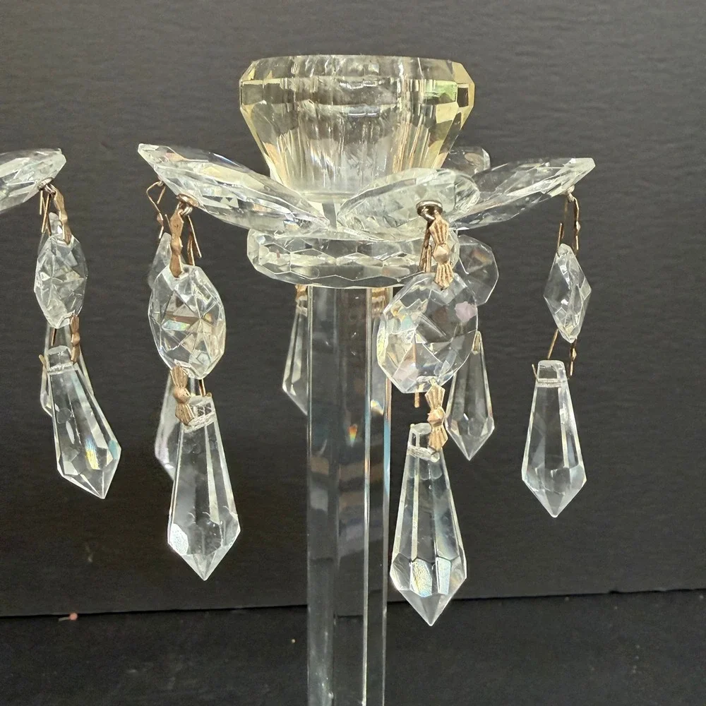 Vintage Crystal Glass Candlestick Holders Set of 2 READ Prisms Hollywood Regency